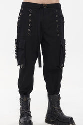 Pantalon cargo pour homme avec chaîne en métal, multi-poches, en dentelle punk noire